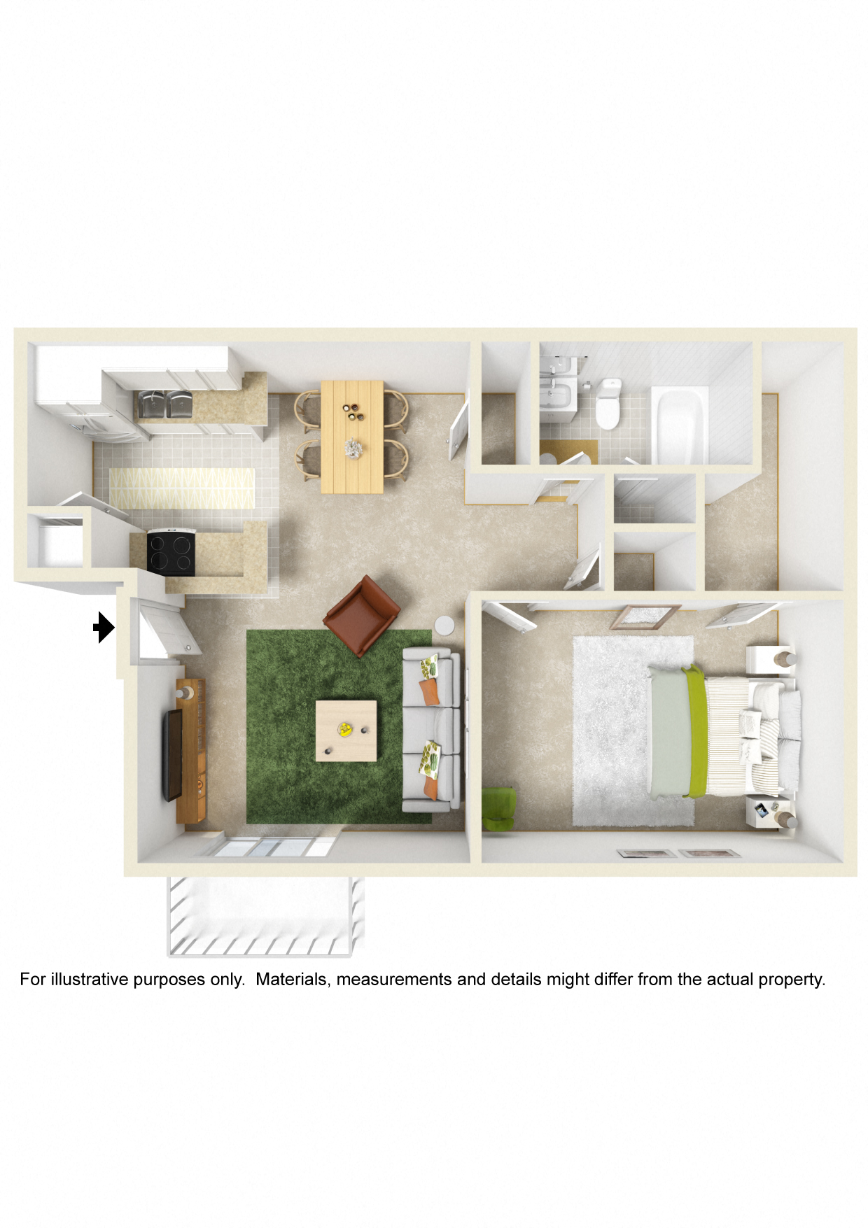 Floor plan for 1 bed, 1 bath, 700 sqft
